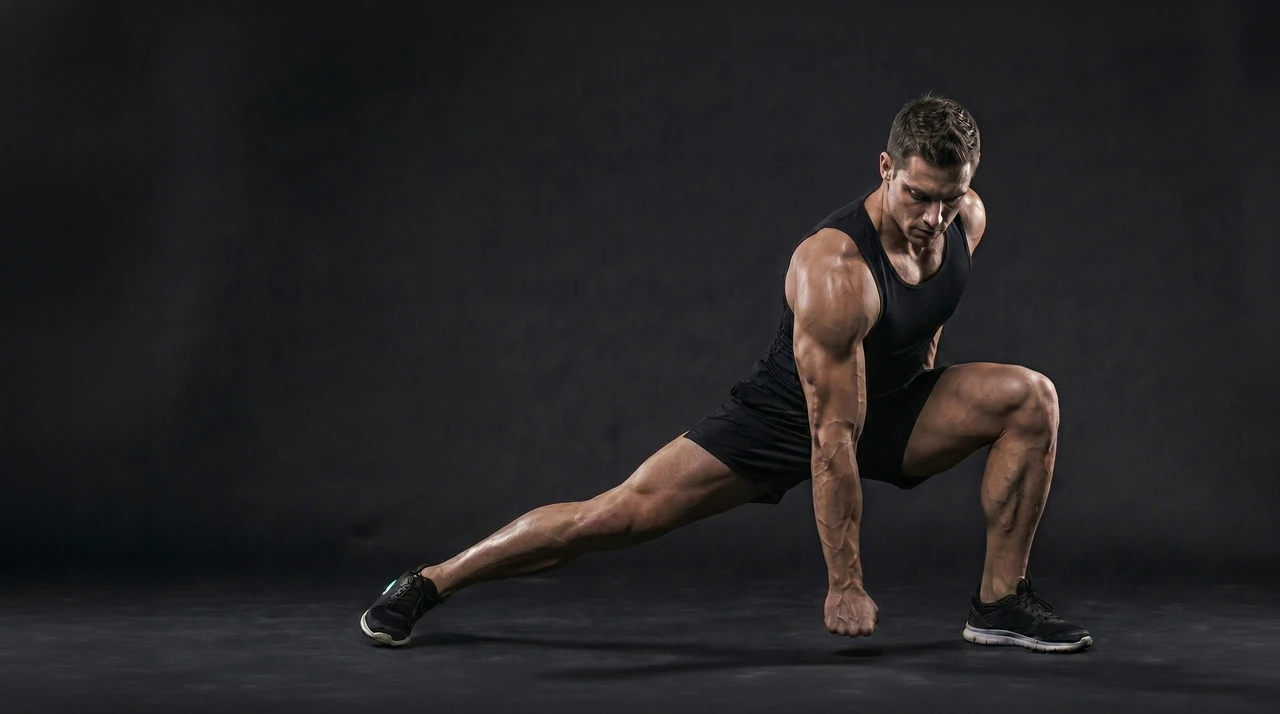 An athlete mid-lunge under low-key studio light at RE:SET Studio Porto